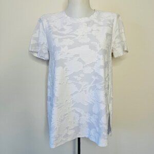 NWT Cupio White Blouse  Sheer Burnout Floral Short Sleeve Vented Round Hem Sz M